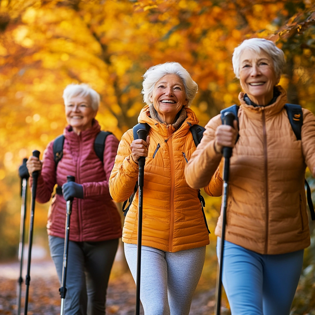 Група людей поважного віку займається скандинавською ходьбою